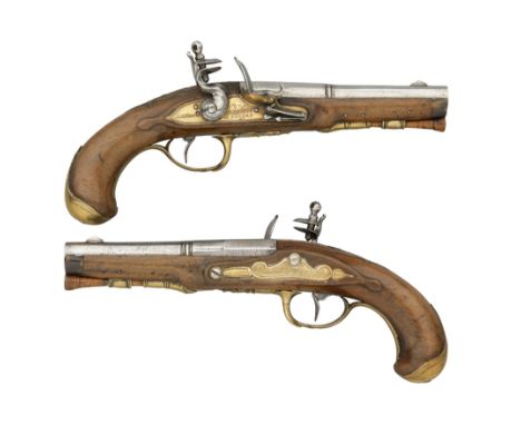 A PAIR OF 25 BORE LIÈGOIS FLINTLOCK OFFICER'S PISTOLS SIGNED L. LIBERT A LIÈGE, EARLY 19TH CENTURY each with sighted barrel f