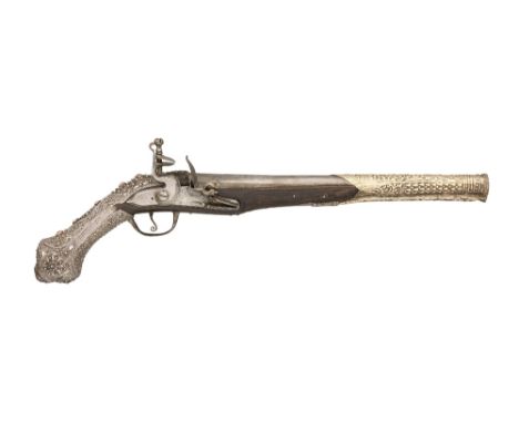 A 20 BORE OTTOMAN BALKAN FLINTLOCK HOLSTER (KUBUR) PISTOL, TURKEY, EARLY 19TH CENTURY with tapering barrel chased over the br
