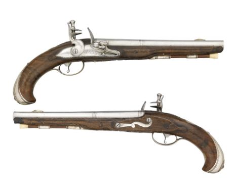 ˜A PAIR OF 22 BORE LIÈGOIS SILVER-MOUNTED FLINTLOCK HOLSTER PISTOLS BY N. I. BOSSET A LIÈGE, CIRCA 1740 each with tapering ba