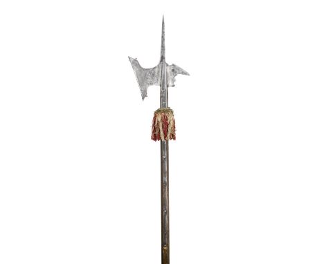 A GERMAN HALBERD, THIRD QUARTER OF THE 16TH CENTURY with terminal spike of flattened-triangular-section, forward-leaning stra