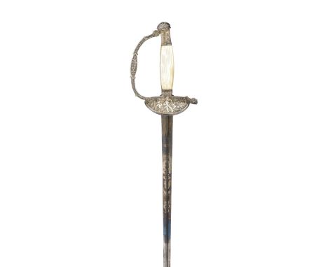 A FRENCH SILVER-HILTED OFFICER'S EPÉE, EARLY 19TH CENTURY with hollow-triangular blade etched and gilt with trophies and foli