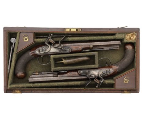 A CASED PAIR OF 15 BORE FLINTLOCK DUELLING PISTOLS BY TWIGG, CIRCA 1790 each with browned twist sighted barrel inscribed 'Lon