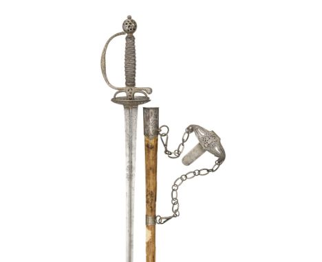 A FRENCH SMALL-SWORD WITH CHISELLED IRON HILT, CIRCA 1760 with hollow-triangular blade etched with scrolls enclosing a portra