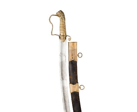 ˜AN OFFICER'S SWORD, LATE 18TH/EARLY 19TH CENTURY with curved fullered blade with traces of etched Royal arms, brass stirrup 
