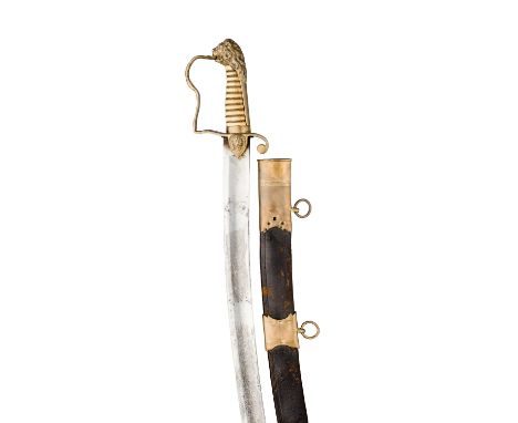 ˜AN OFFICER'S SWORD, LATE 18TH/EARLY 19TH CENTURY with curved fullered blade with traces of etched Royal arms, brass stirrup 