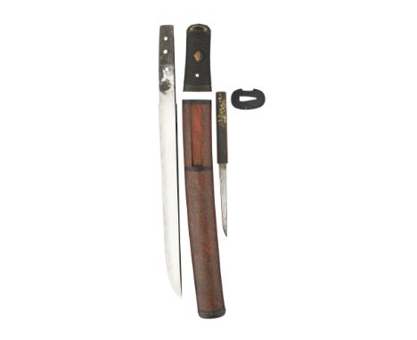 A JAPANESE DAGGER (TANTO) with single-edged blade with wavy hamon, tang pierced with three mekugi-ana and signed 'Mihara ju' 