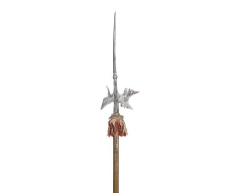 AN UNUSUAL GERMAN HALBERD, EARLY 17TH CENTURY with long terminal spike (slightly bent) formed with a moulding at the base, fo