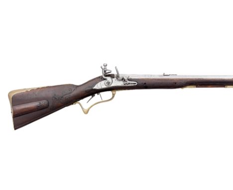 AN 18 BORE GERMAN FLINTLOCK SPORTING RIFLE BY ROSS IN HALL, CIRCA 1740 with octagonal swamped sighted barrel rifled with seve