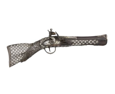 A SMALL OTTOMAN FLINTLOCK BLUNDERBUSS, TURKEY, 19TH CENTURY with russet iron barrel formed in two stages, encrusted with engr
