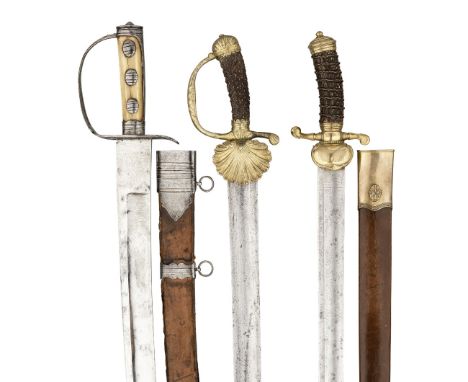 A FRENCH HUNTING SWORD, CIRCA 1780 with broad curved fullered blade, slotted iron hilt of military type, bone grip (cracked) 