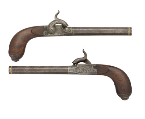 A PAIR OF 50 BORE FRENCH PERCUSSION RIFLED TRAVELLING PISTOLS BY CARPENTIER A MÂCON, CIRCA 1840 each with browned twist turn-