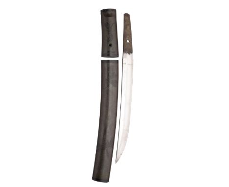A JAPANESE SHORT DAGGER (AIKUCHI) with slightly curved single-edged blade with straight hamon, plain tang pierced with a sing