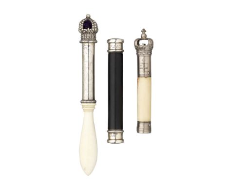 ˜A SILVER AND IVORY-MOUNTED WILLIAM IV TIPSTAFF, WK, LONDON, 1832  with turned ivory body (age cracks) and silver finial cast