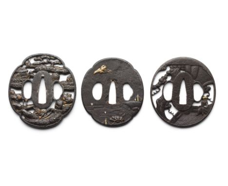A GROUP OF FIVE JAPANESE SWORD GUARDS (TSUBA), EDO PERIOD the first signed, decorated with a seated figure within an interior