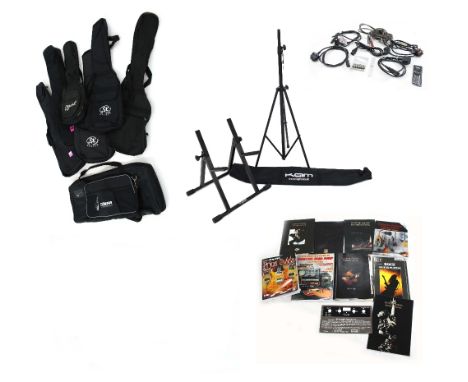 Selection of guitar accessories and spares to include five electric and acoustic guitar gig bags, an amplifier stand, a Graph