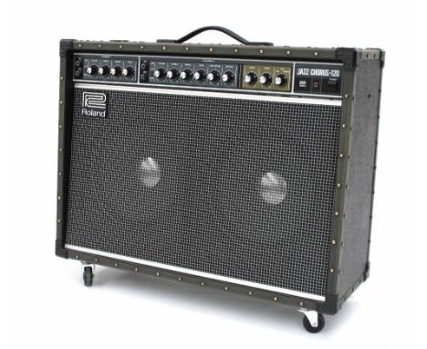 Roland Jazz Chorus JC-120B guitar amplifier, made in Japan, ser. no. A7E7524, with two Boss foot switches, dust cover and ori