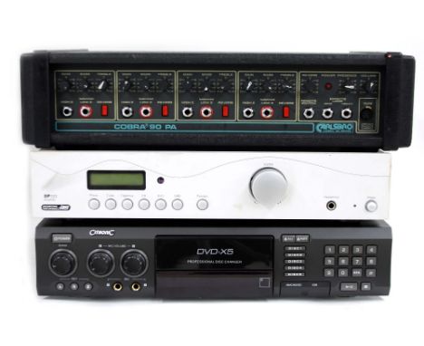 Selection of audio equipment to include a Carlsbro Cobra 90 PA head, a Citronic DVD-X5 disc changer and an Acoustic Solutions