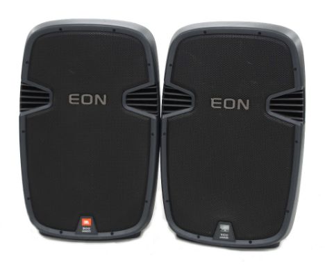 Pair of JBL500 Series 515 active PA speakers, each with soft covers (one speaker requires repair)