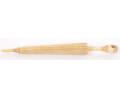 A 19th century Victorian bone souvenir needle case etuis. To include example carved in the form of an umbrella / parasol with