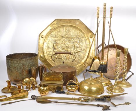 A large collection of 19th and 20th Century copper and brass items, to include engraved embellished planter pot, kettle, cand
