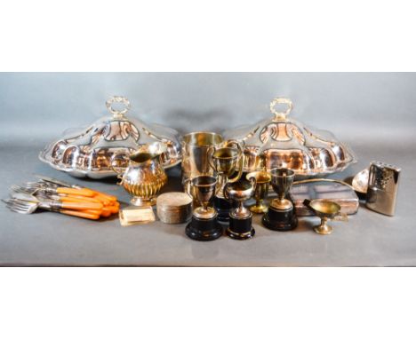 A Pair Of Silver Plated Entree Dishes And Covers together with other items of silver plate to include trophy cups 