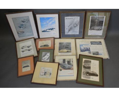 A Jaguar Cars Adverting Print, together with a collection of other car related prints and a Louis Wain print 