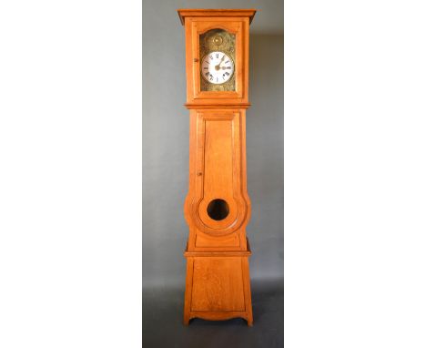 A French Comtoise Clock, the enamel dial inscribed Nehou a Cherbourg within later oak long case, 223cms high 