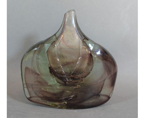 A glass vase of axehead form with abstract decoration, 14cms tall 