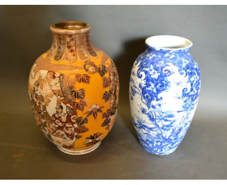 A Japanese Porcelain Underglaze Blue Decorated Vase 30cm tall together with a Satsuma vase 34cm tall 