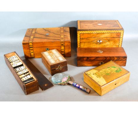 A 19th Century Walnut Mother Of Pearl Inlaid Tea Caddy together with various other similar boxes, a collection of dominoes an