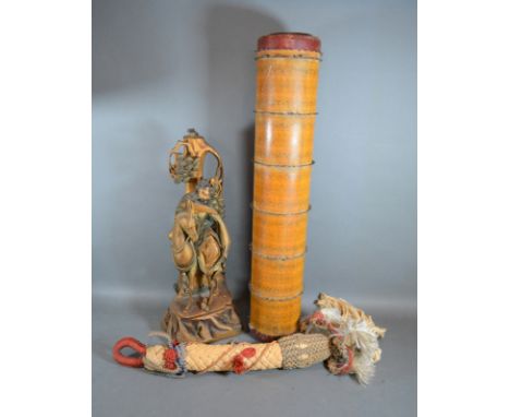 A Chinese carved and gilded table lamp together with a woven bell pull and a printing roll 