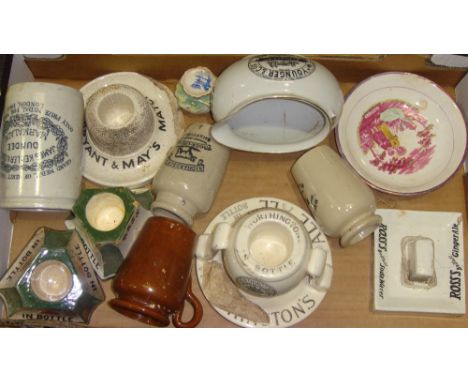 Box of assorted vintage advertising pottery match strikers (all A/F)