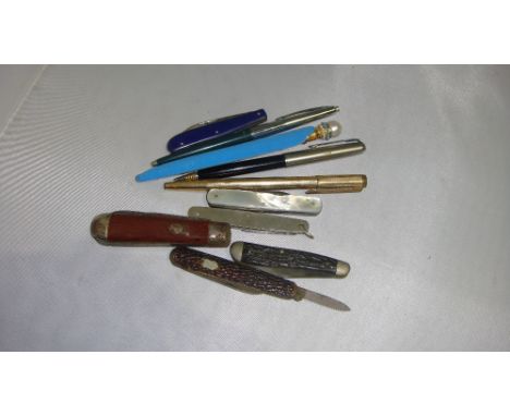 Assorted vintage and other penknives and pens including gold plated Biromatic
