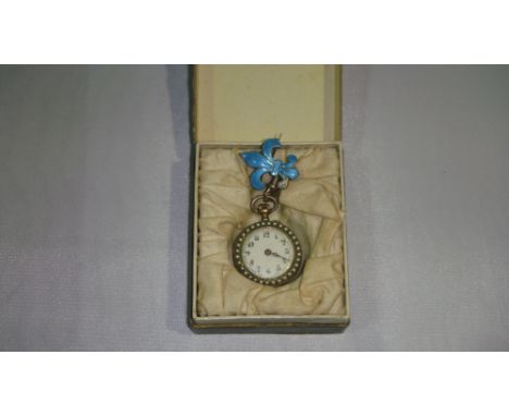 Late 19th century ladies fob watch set with cabouchon pearls and blue enamel Fleur de Lis, enamel dial Arabic numeral chapter