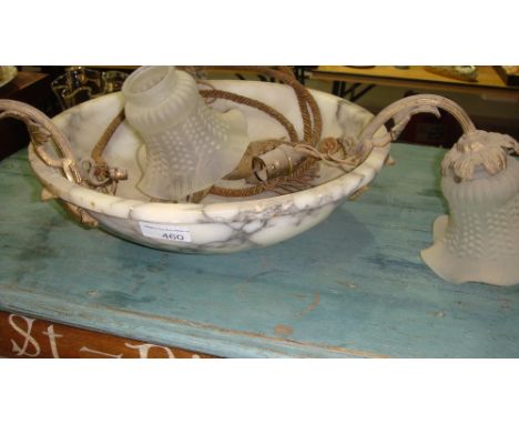 Early 20 th century French carved alabaster ceiling light bowl with three brass branches