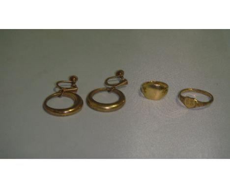 18 ct gold ring, rolled gold ring and pair of earrings