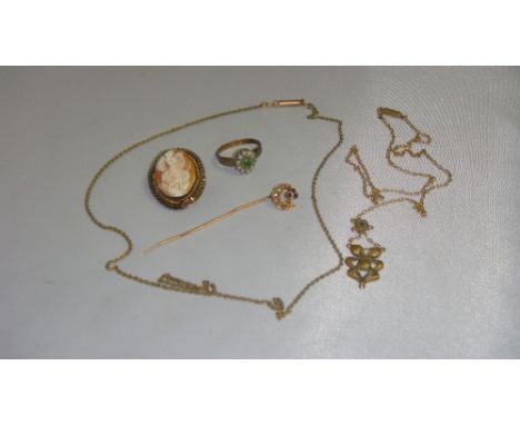 Unmarked gold metal pendant set with cabouchon pearl and amythst in Art Nouveau flower, unmarked 9 ct gold tie pin set with p