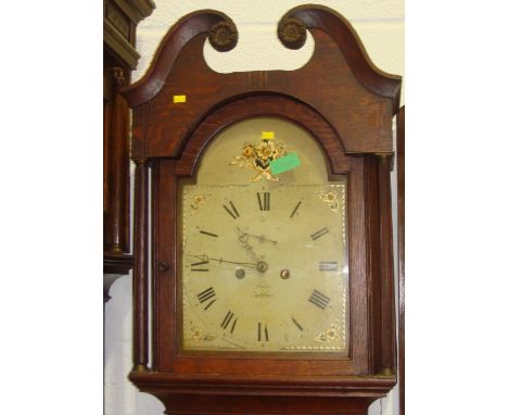 19th century oak long case clock with 8 day movement, painted arch face with Roman numeral chapter ring subsidiary second dia