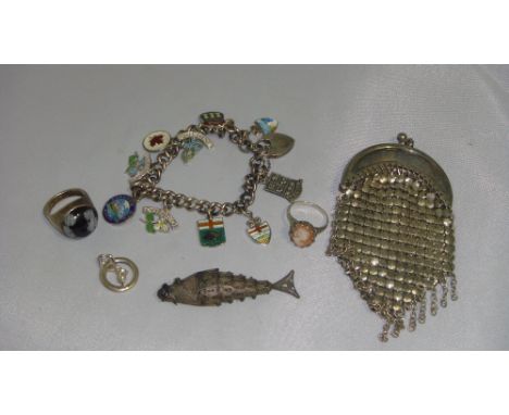 Bag of assorted silver and costume jewellery including silver bracelet, filigree fish pendant, cameo ring, large stone ring