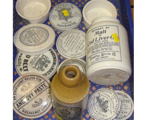Box of assorted vintage advertising pot lids including anchovy paste & Starkey Knight & Ford of Paignton stoneware bottle
