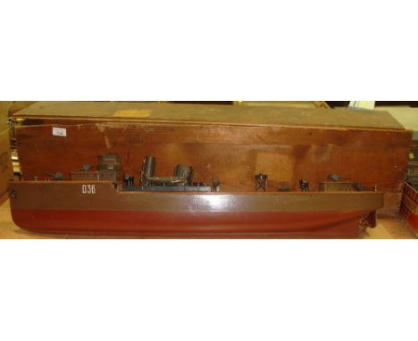 Vintage A Bassett Lowke of Northhampton model of a gun boat D36 in original pine box with makers label 95 cms x 24 cms