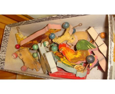 Vintage childs wooden pull along animals & playing cards