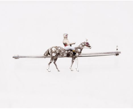 18ct White Gold Horse &amp; Jockey Enamelled Approx. 0.35ct Total Rose Cut Diamond Tie Pin The Horse consists of Rose Cut Dia