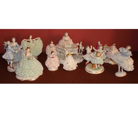 Nine Irish Dresden figures "Music Hour", 24cm wide "Ring a ring a Rosie", 13.5cm high, "Amelia" 15cm high,"Vienna Waltz" 18.5