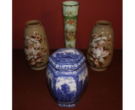 Pair of glass hand painted vases, 1 glass hand painted vase &amp; Ringtons ceramic tea caddy.&nbsp;