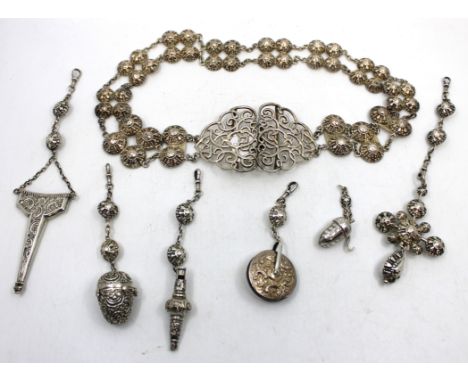 Unmarked White Metal Chatelaine Belt with Accessories.  The Buckle is hallmarked with the Lion Passant for Sterling Silver, t