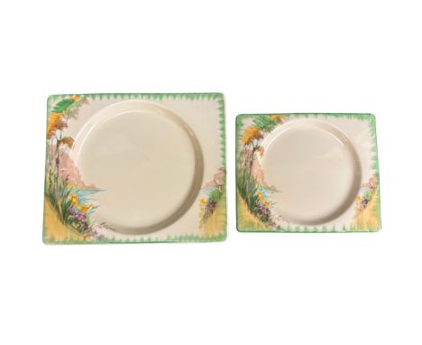 Two Clarice Cliff "The Biarritz" Royal Staffordshire rectangular plates in sizes, 19 x 23cm and 15 x 18cm