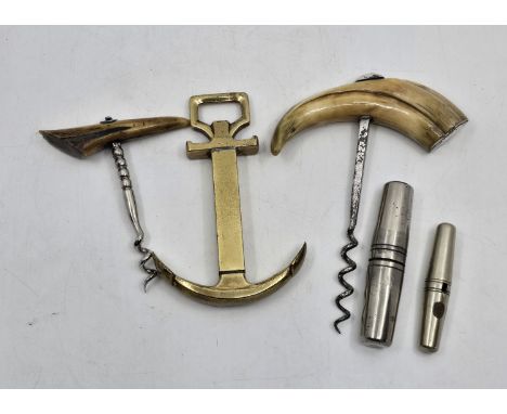 A collection of novelty corkscrews. To include - A late 19th century German Cylinder capsule corkscrew - multi tool with cork