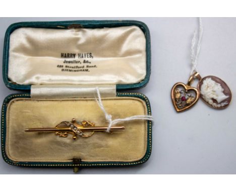 Selection of Gold Jewellery. To include a 15ct Gold Ruby Heart Pendant, a 9ct Chester Gold Seed Pearl Brooch and a Unmarked R