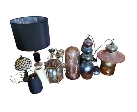 A quantity of various retro style glass ceiling lights, together with a lantern style ceiling light, four branch metal candel